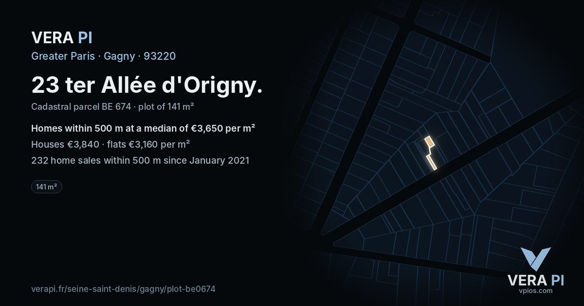 23 ter Allée d'Origny, Gagny at night – the plot lit, the parcels around coloured by the prices near them