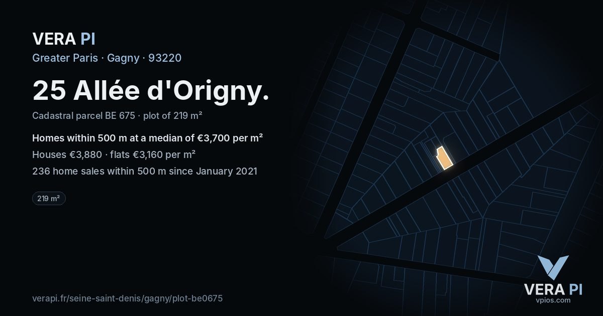 25 Allée d'Origny, Gagny at night – the plot lit, the parcels around coloured by the prices near them
