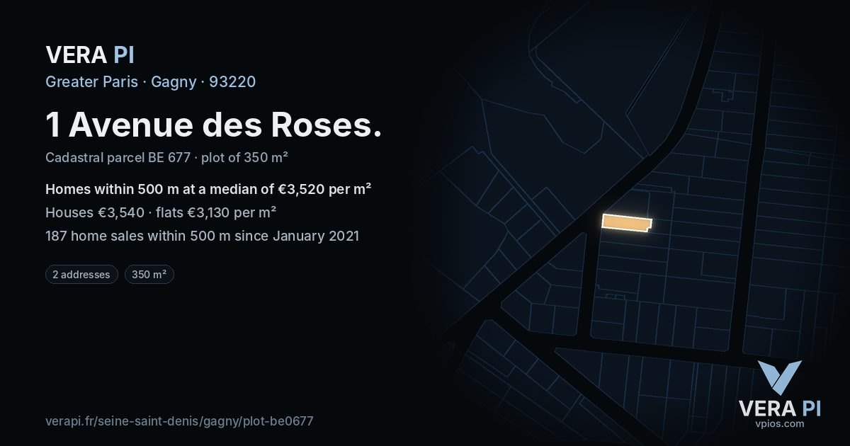 1 Avenue des Roses, Gagny at night – the plot lit, the parcels around coloured by the prices near them