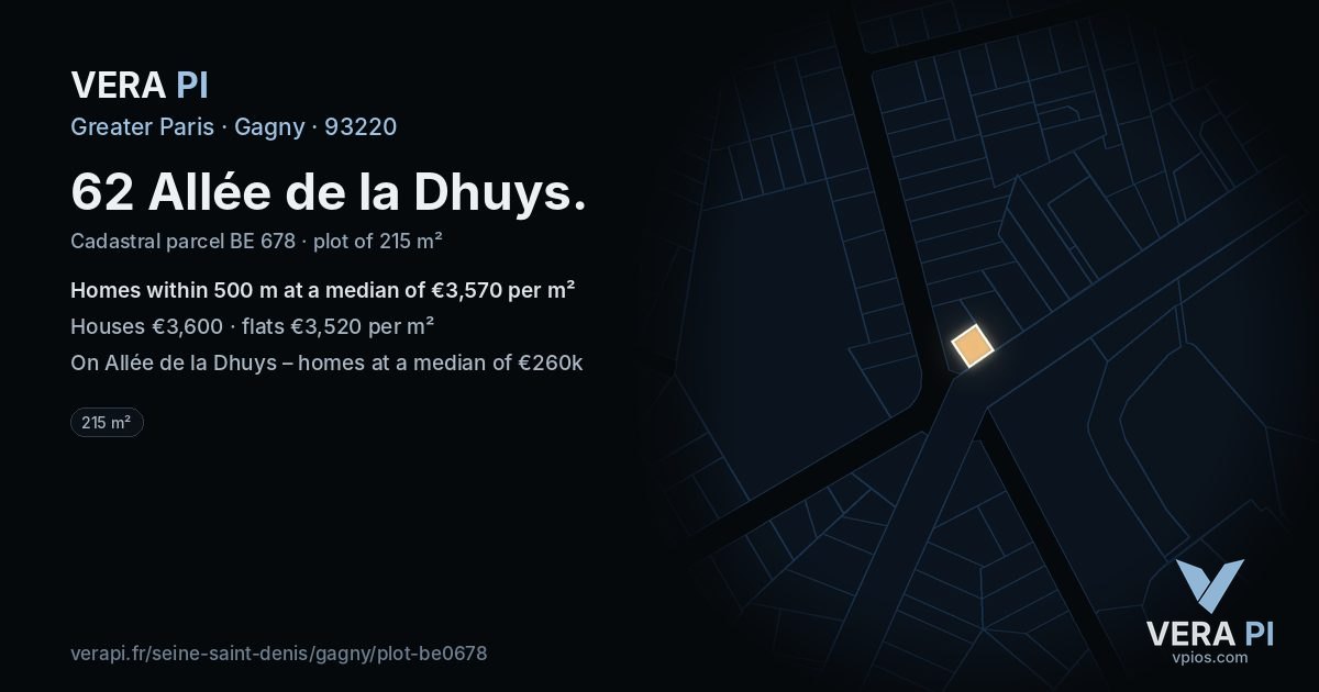 62 Allée de la Dhuys, Gagny at night – the plot lit, the parcels around coloured by the prices near them
