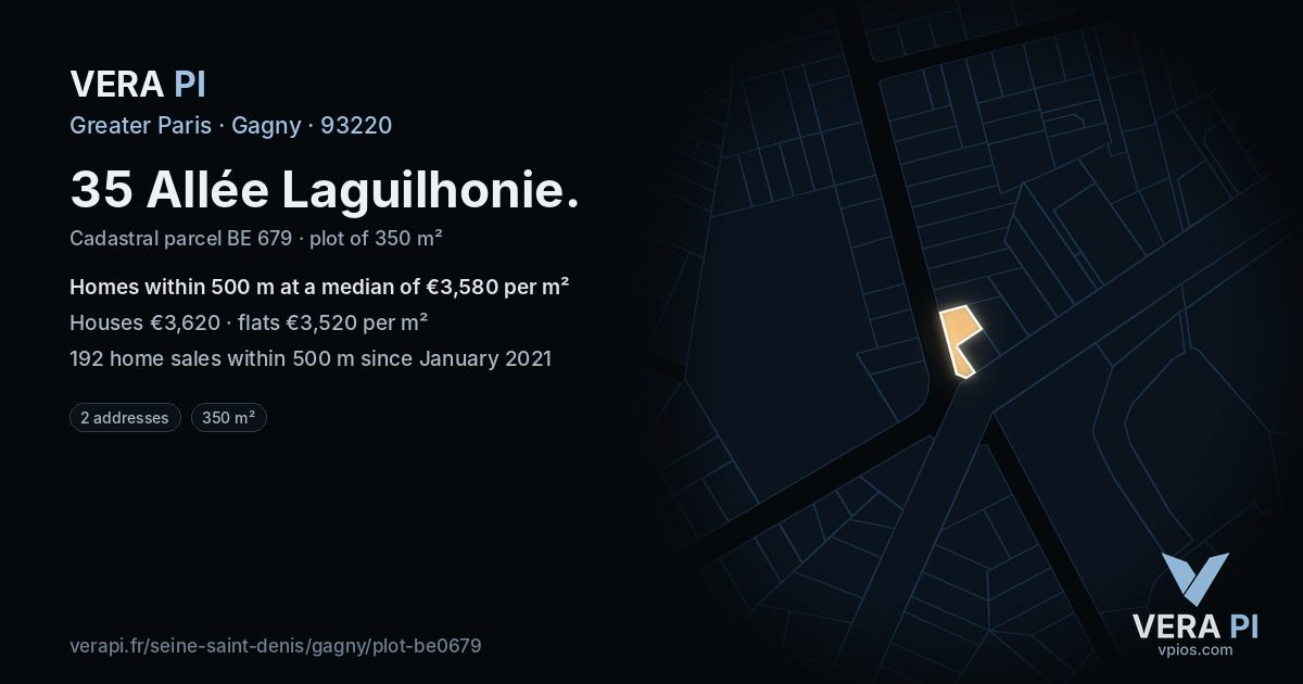 35 Allée Laguilhonie, Gagny at night – the plot lit, the parcels around coloured by the prices near them