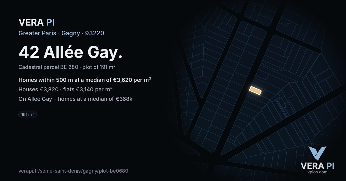 42 Allée Gay, Gagny at night – the plot lit, the parcels around coloured by the prices near them