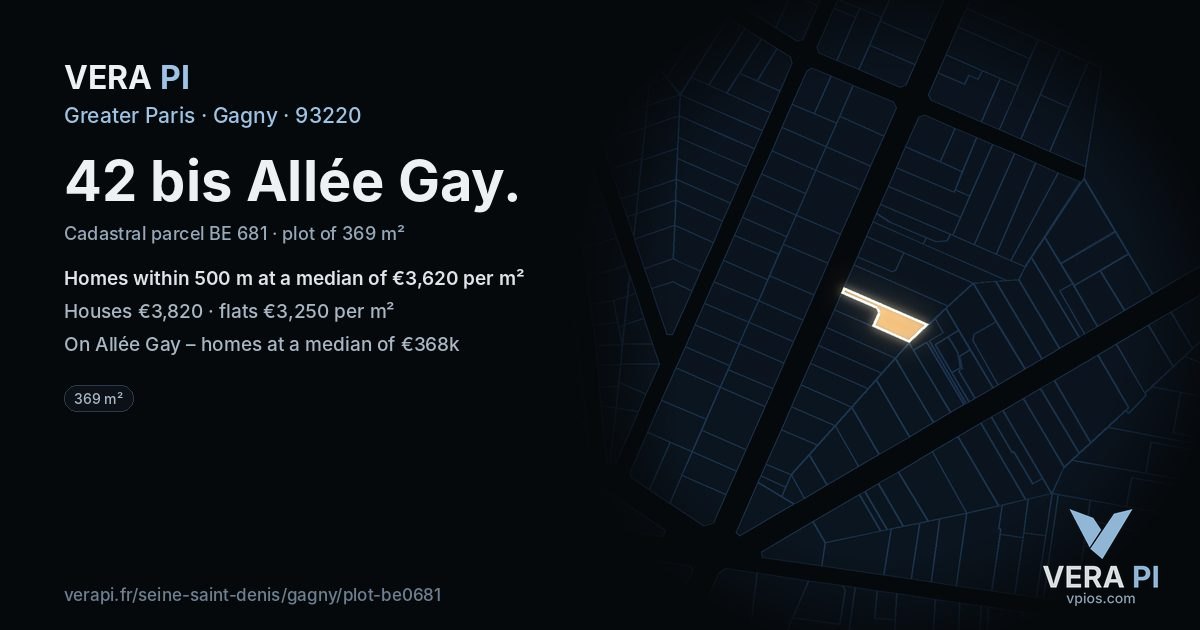42 bis Allée Gay, Gagny at night – the plot lit, the parcels around coloured by the prices near them