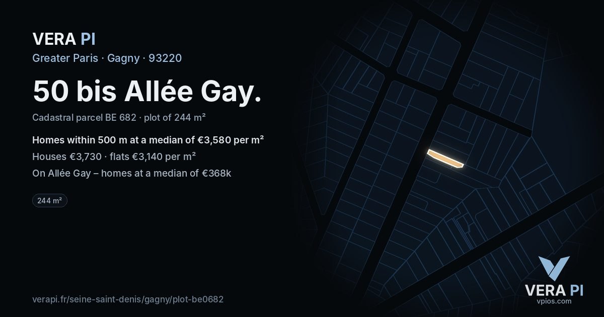 50 bis Allée Gay, Gagny at night – the plot lit, the parcels around coloured by the prices near them