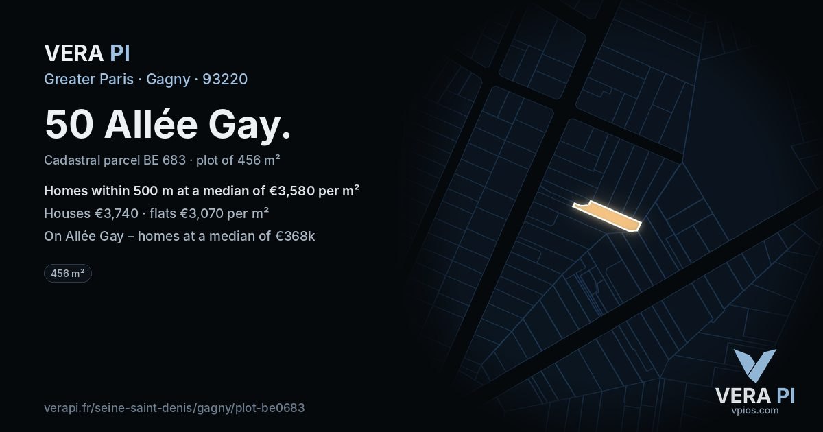 50 Allée Gay, Gagny at night – the plot lit, the parcels around coloured by the prices near them