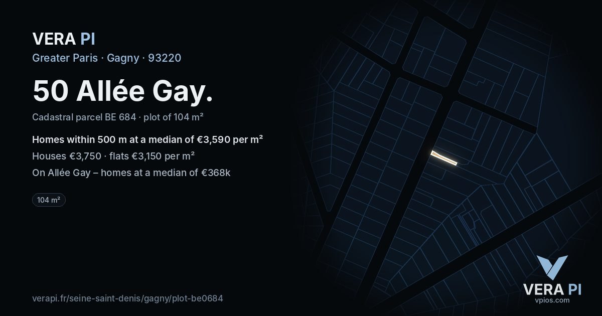 50 Allée Gay, Gagny at night – the plot lit, the parcels around coloured by the prices near them