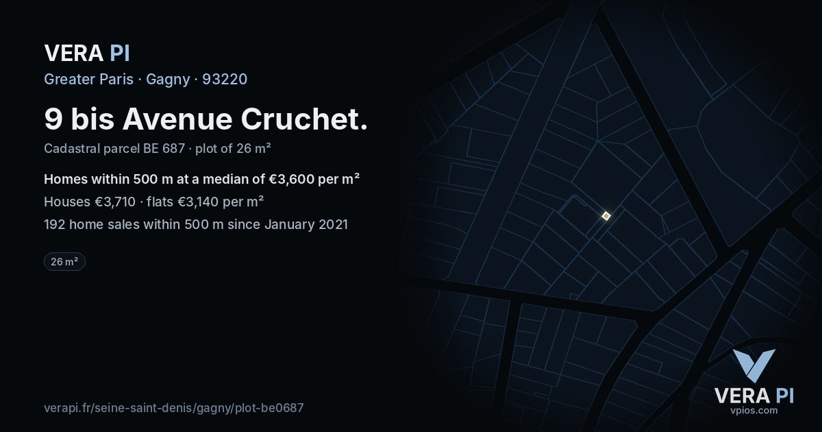 9 bis Avenue Cruchet, Gagny at night – the plot lit, the parcels around coloured by the prices near them