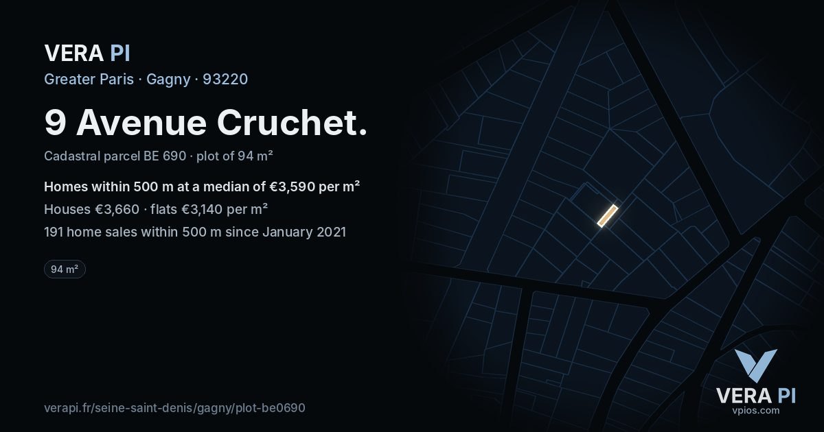 9 Avenue Cruchet, Gagny at night – the plot lit, the parcels around coloured by the prices near them