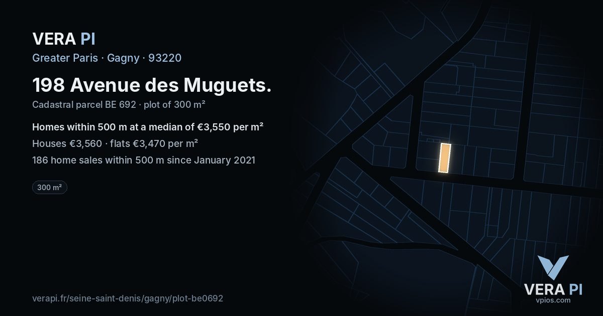 198 Avenue des Muguets, Gagny at night – the plot lit, the parcels around coloured by the prices near them