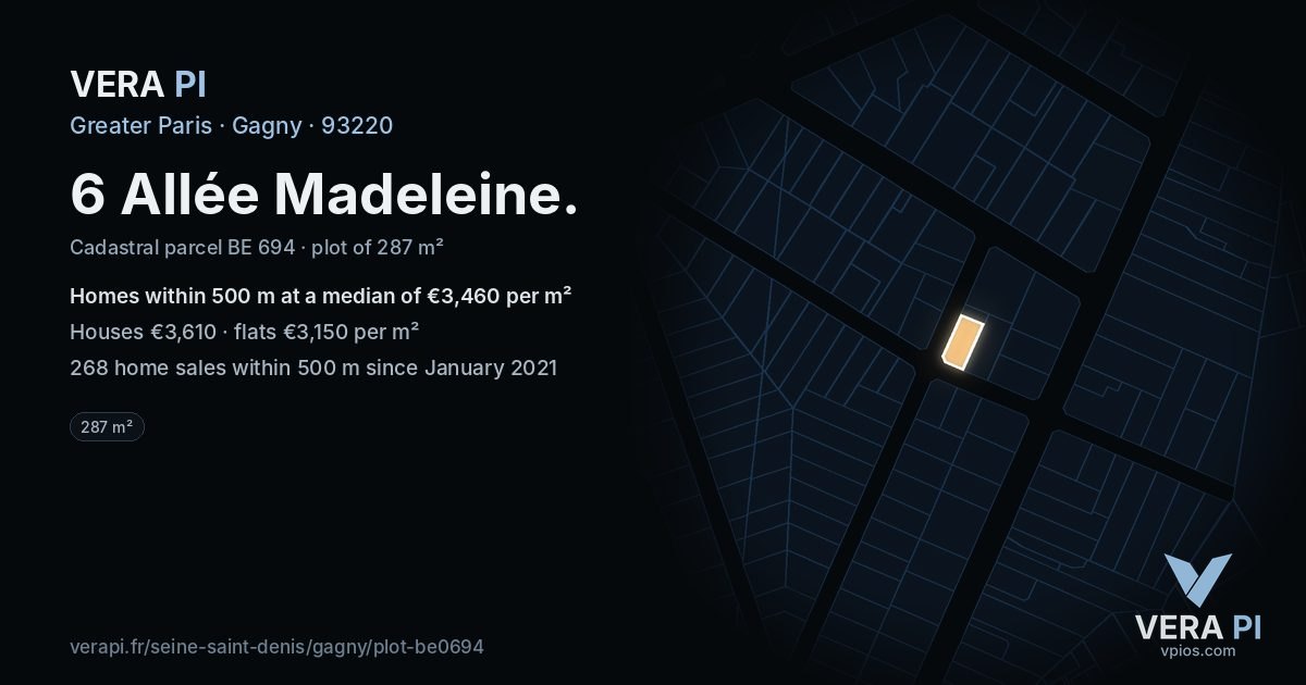 6 Allée Madeleine, Gagny at night – the plot lit, the parcels around coloured by the prices near them
