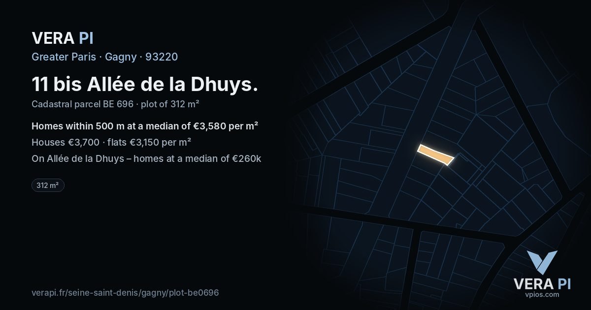 11 bis Allée de la Dhuys, Gagny at night – the plot lit, the parcels around coloured by the prices near them