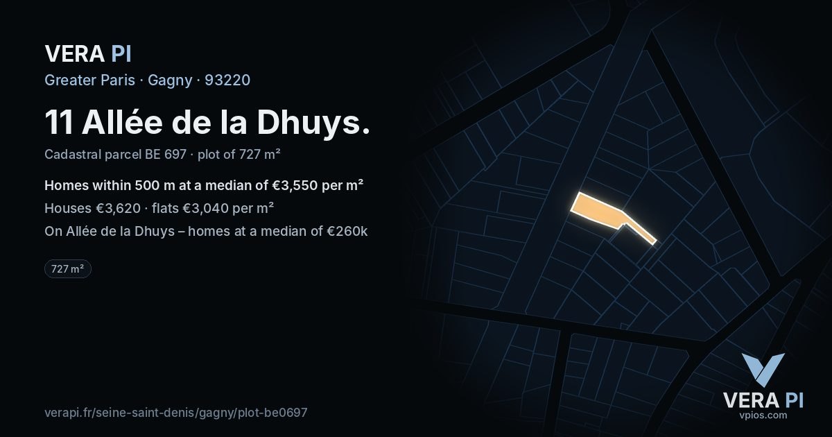 11 Allée de la Dhuys, Gagny at night – the plot lit, the parcels around coloured by the prices near them
