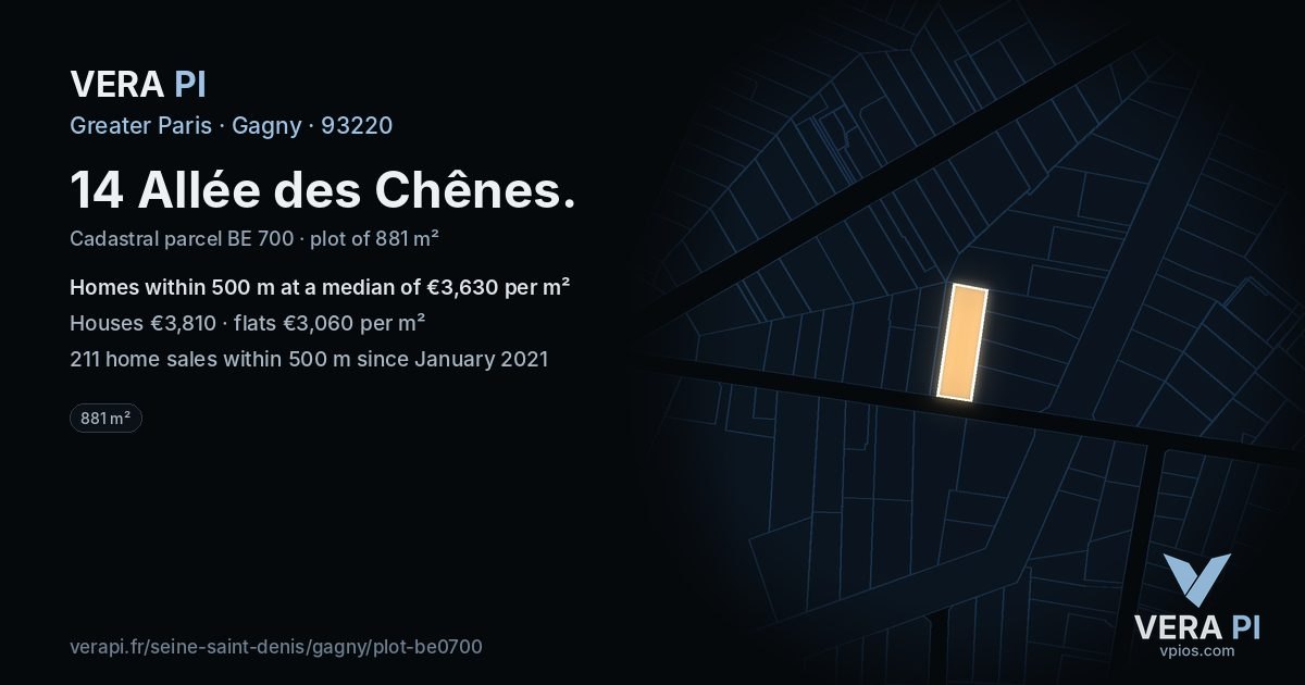 14 Allée des Chênes, Gagny at night – the plot lit, the parcels around coloured by the prices near them