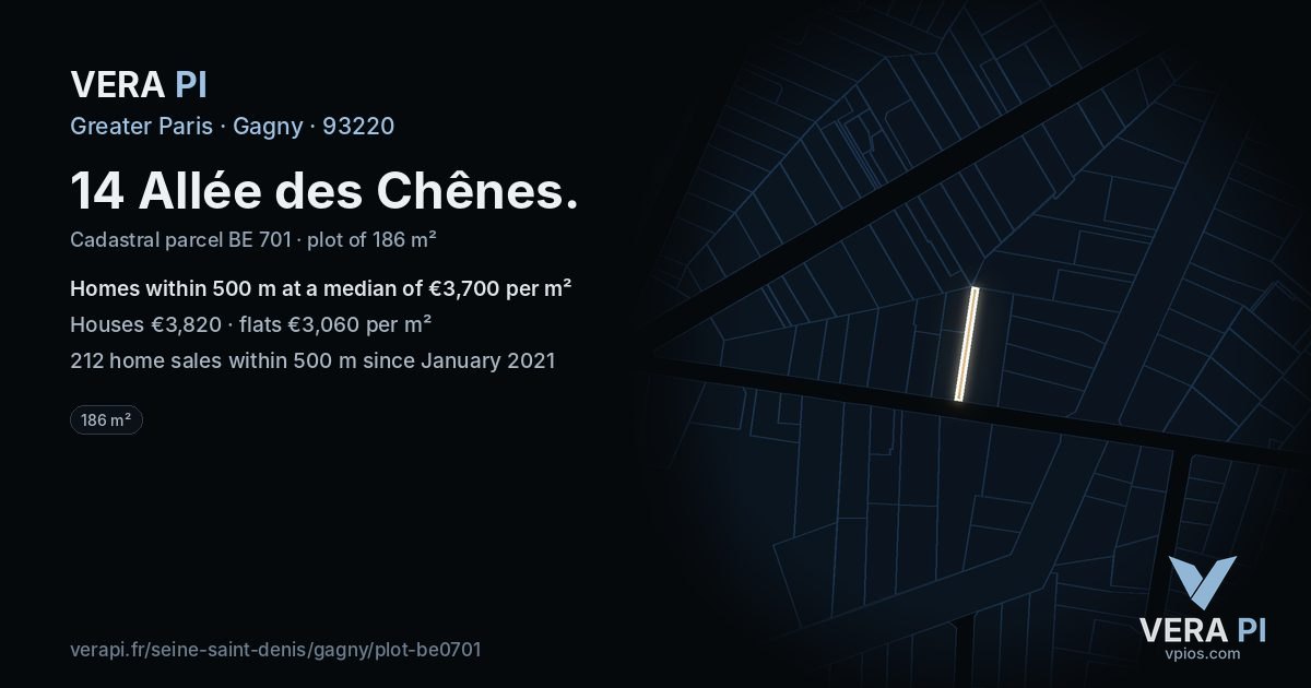 14 Allée des Chênes, Gagny at night – the plot lit, the parcels around coloured by the prices near them