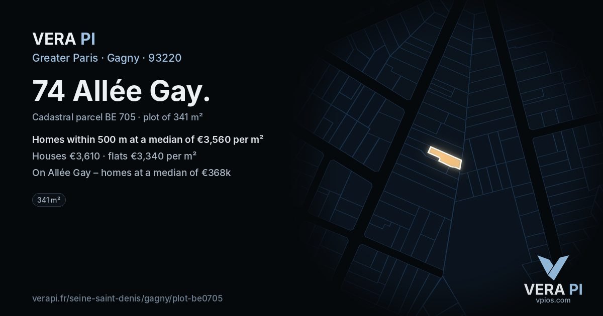 74 Allée Gay, Gagny at night – the plot lit, the parcels around coloured by the prices near them