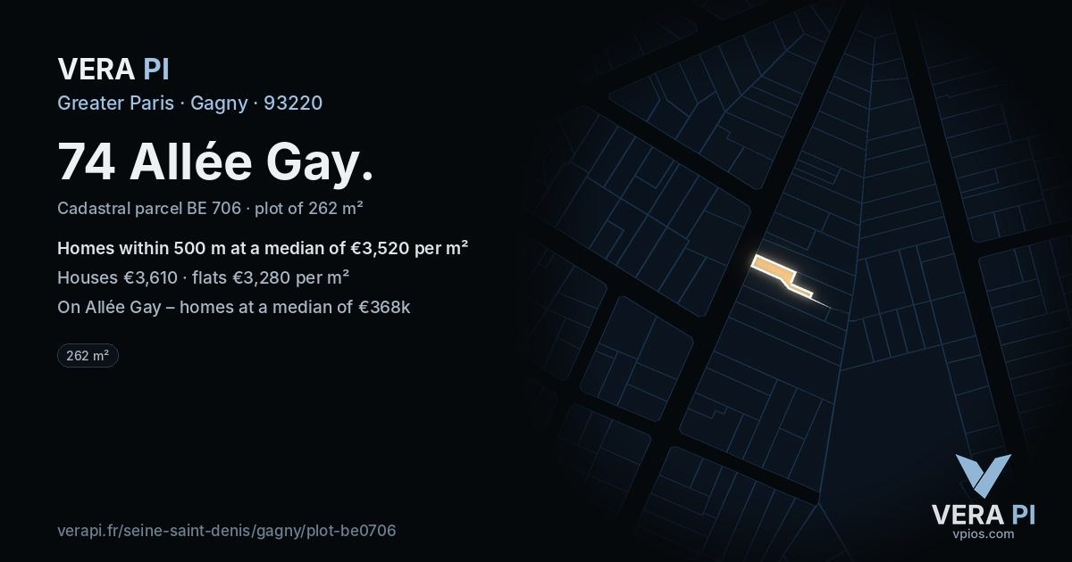 74 Allée Gay, Gagny at night – the plot lit, the parcels around coloured by the prices near them
