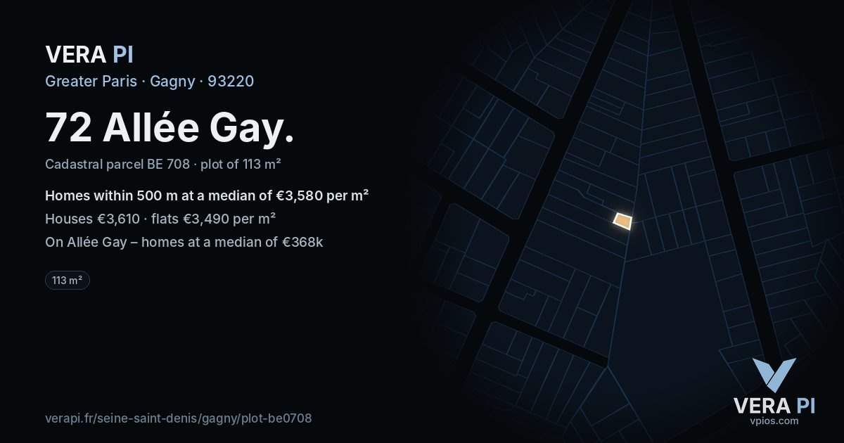 72 Allée Gay, Gagny at night – the plot lit, the parcels around coloured by the prices near them