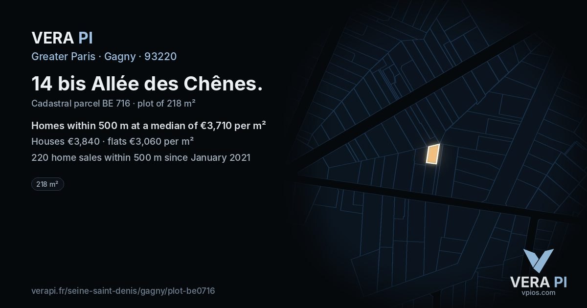 14 bis Allée des Chênes, Gagny at night – the plot lit, the parcels around coloured by the prices near them