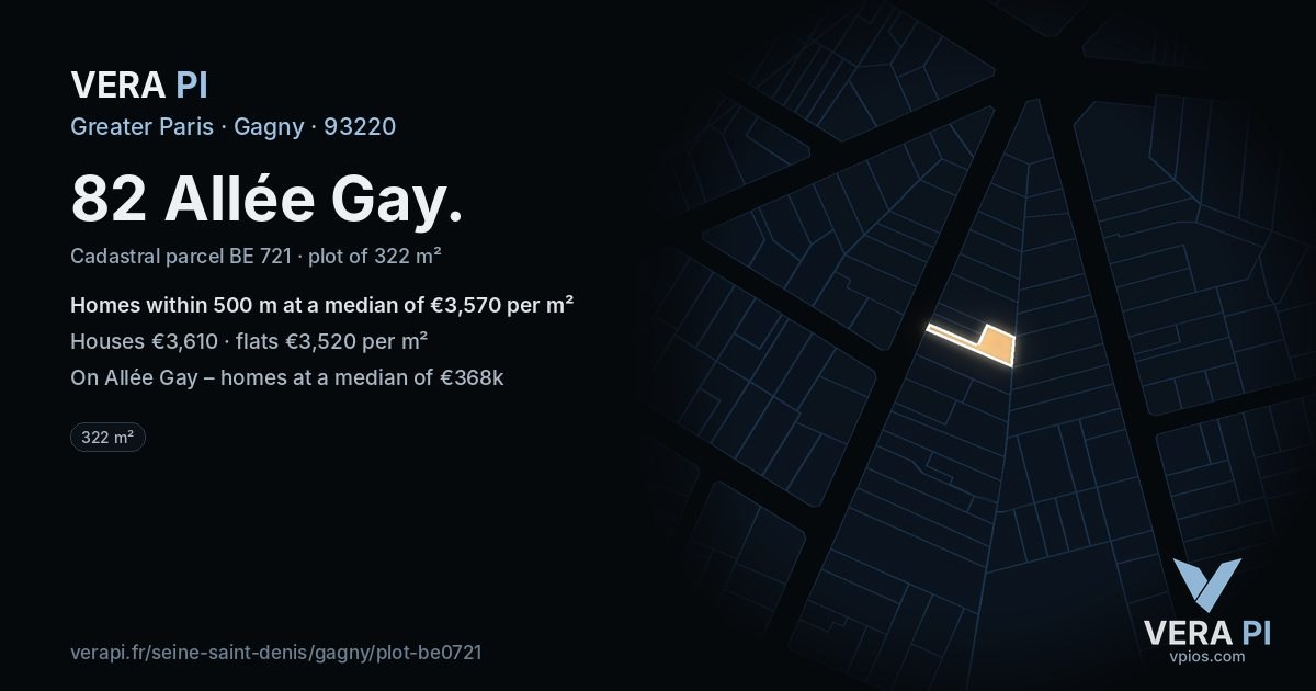 82 Allée Gay, Gagny at night – the plot lit, the parcels around coloured by the prices near them