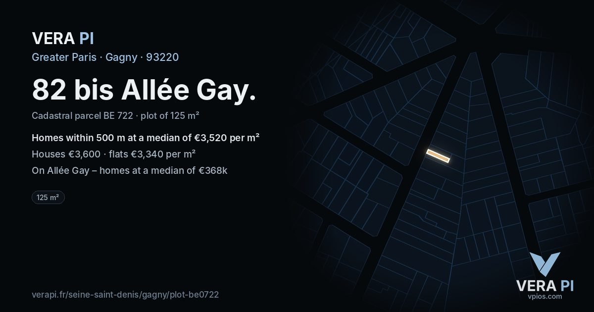 82 bis Allée Gay, Gagny at night – the plot lit, the parcels around coloured by the prices near them