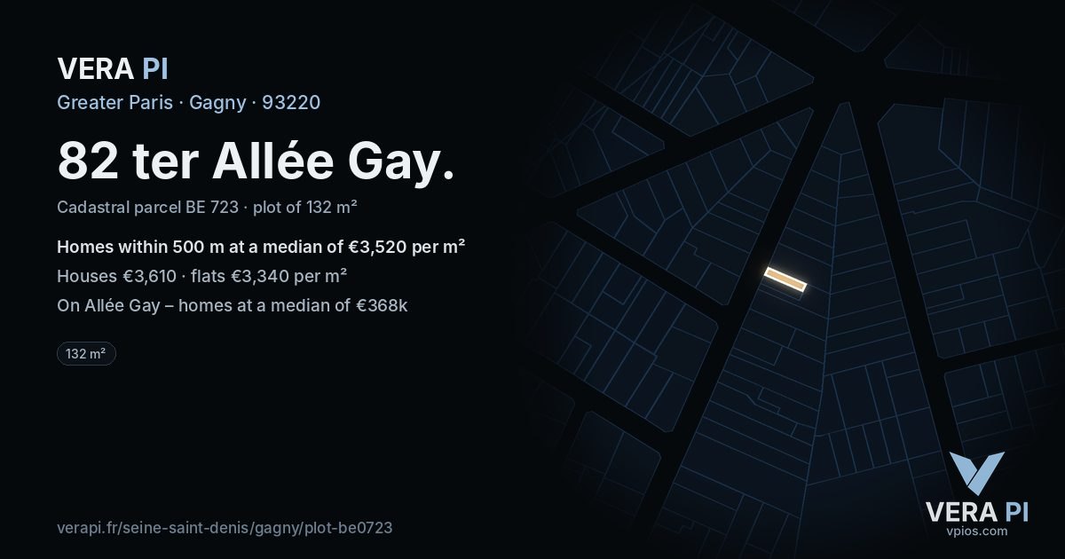 82 ter Allée Gay, Gagny at night – the plot lit, the parcels around coloured by the prices near them