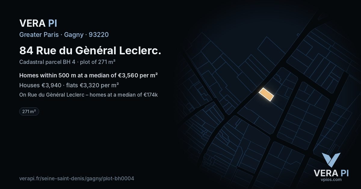 84 Rue du Gènéral Leclerc, Gagny at night – the plot lit, the parcels around coloured by the prices near them