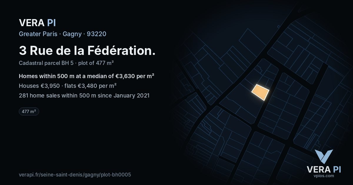 3 Rue de la Fédération, Gagny at night – the plot lit, the parcels around coloured by the prices near them