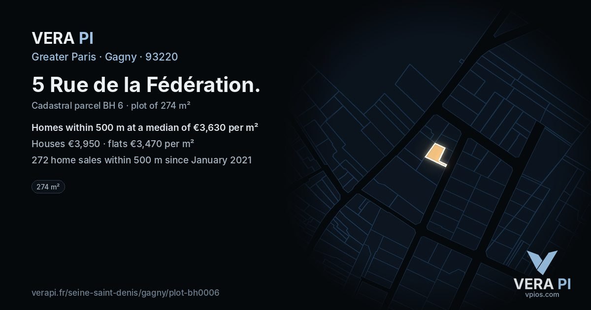 5 Rue de la Fédération, Gagny at night – the plot lit, the parcels around coloured by the prices near them