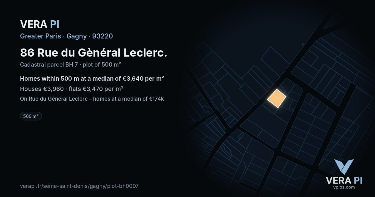 86 Rue du Gènéral Leclerc, Gagny at night – the plot lit, the parcels around coloured by the prices near them