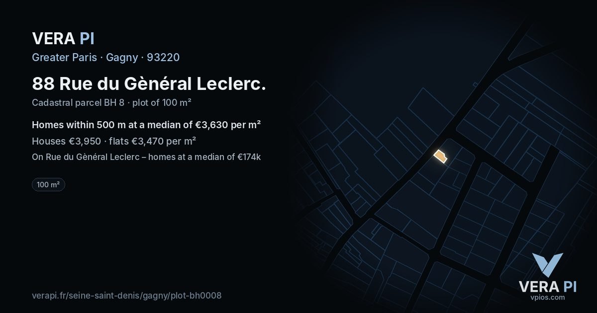 88 Rue du Gènéral Leclerc, Gagny at night – the plot lit, the parcels around coloured by the prices near them
