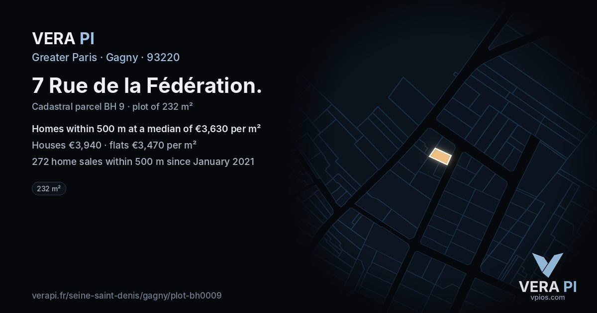 7 Rue de la Fédération, Gagny at night – the plot lit, the parcels around coloured by the prices near them