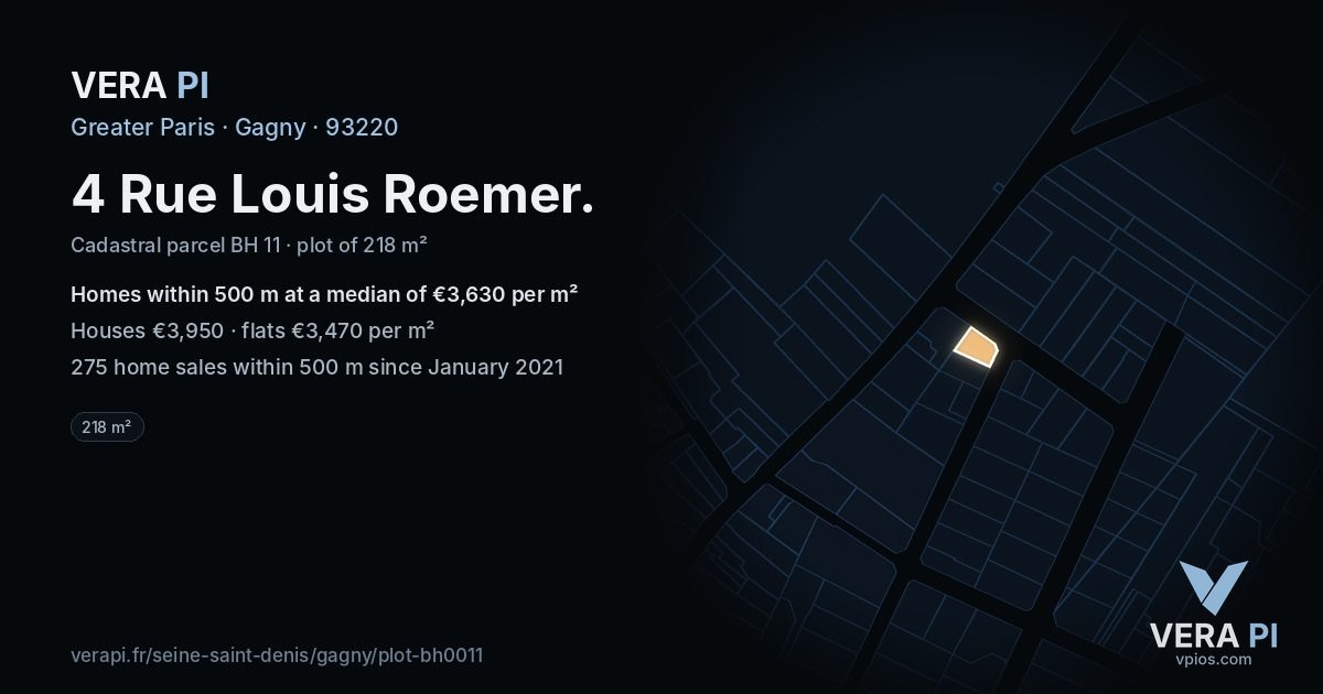 4 Rue Louis Roemer, Gagny at night – the plot lit, the parcels around coloured by the prices near them