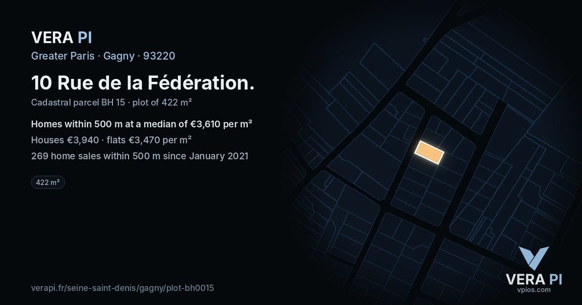 10 Rue de la Fédération, Gagny at night – the plot lit, the parcels around coloured by the prices near them