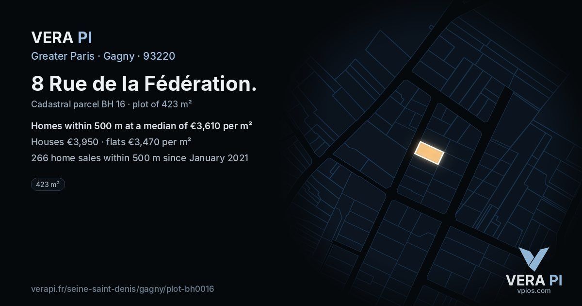 8 Rue de la Fédération, Gagny at night – the plot lit, the parcels around coloured by the prices near them