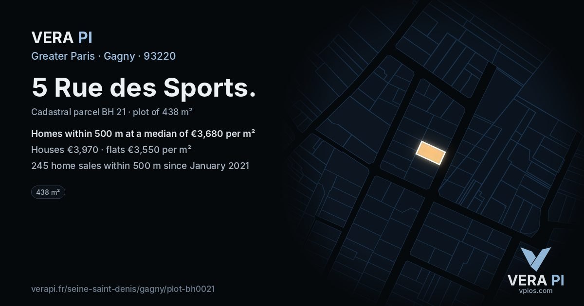 5 Rue des Sports, Gagny at night – the plot lit, the parcels around coloured by the prices near them
