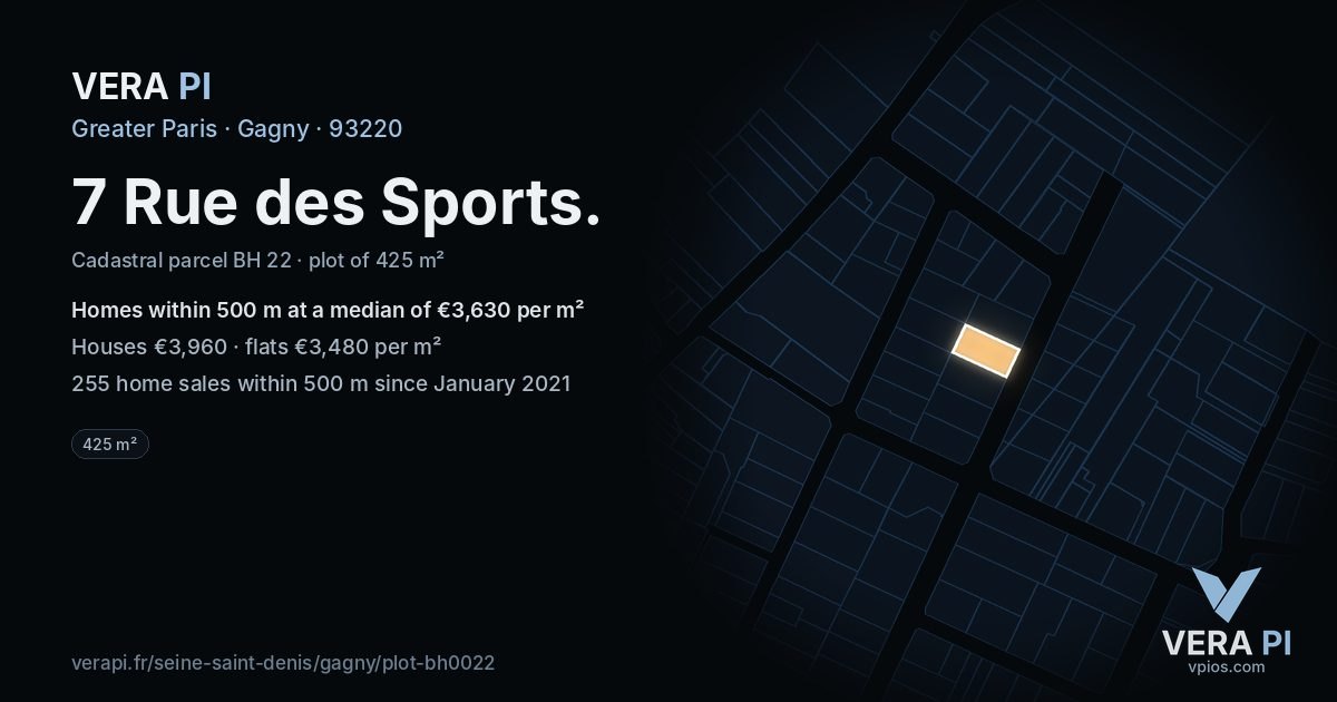 7 Rue des Sports, Gagny at night – the plot lit, the parcels around coloured by the prices near them