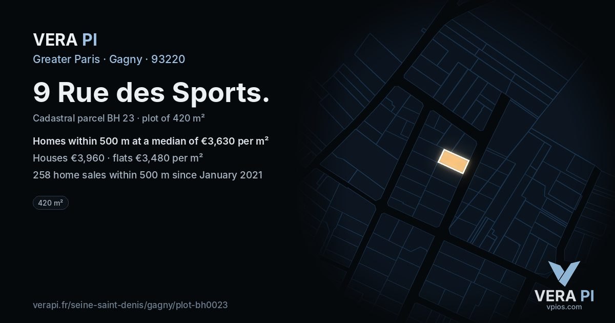 9 Rue des Sports, Gagny at night – the plot lit, the parcels around coloured by the prices near them