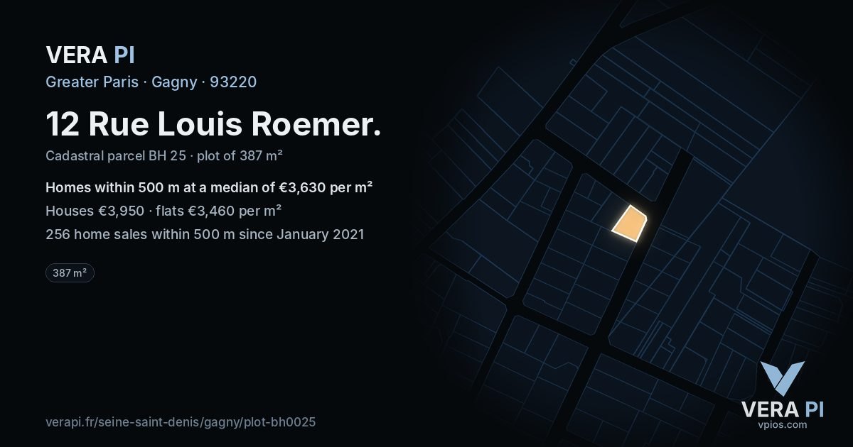 12 Rue Louis Roemer, Gagny at night – the plot lit, the parcels around coloured by the prices near them