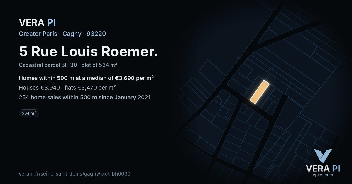5 Rue Louis Roemer, Gagny at night – the plot lit, the parcels around coloured by the prices near them