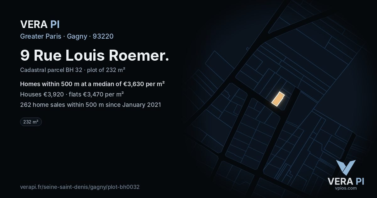 9 Rue Louis Roemer, Gagny at night – the plot lit, the parcels around coloured by the prices near them