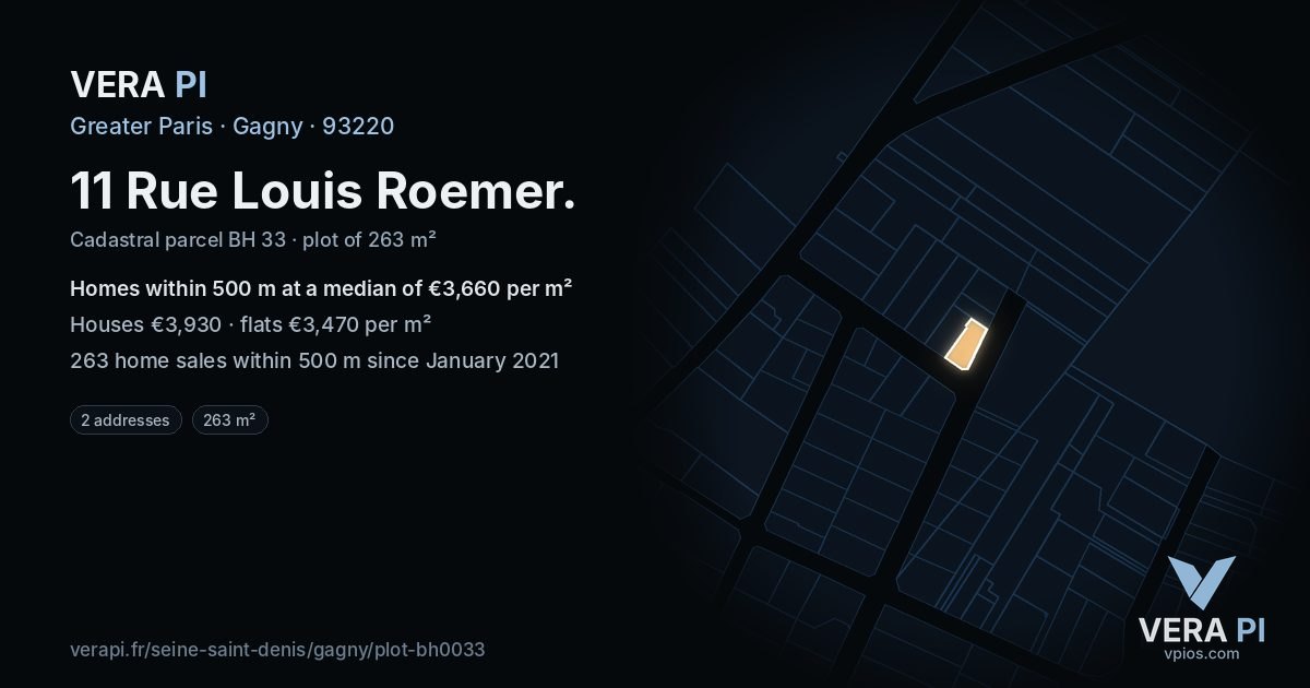 11 Rue Louis Roemer, Gagny at night – the plot lit, the parcels around coloured by the prices near them