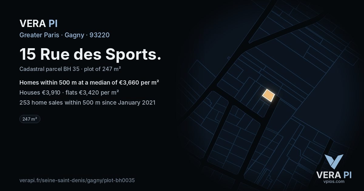 15 Rue des Sports, Gagny at night – the plot lit, the parcels around coloured by the prices near them