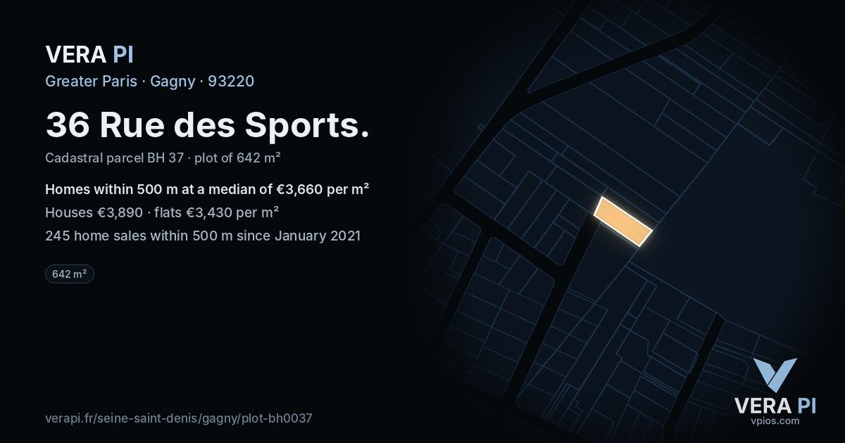 36 Rue des Sports, Gagny at night – the plot lit, the parcels around coloured by the prices near them