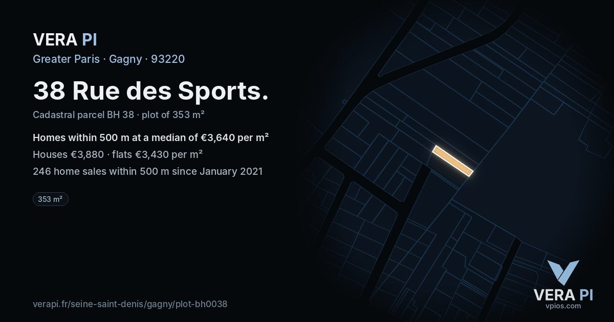 38 Rue des Sports, Gagny at night – the plot lit, the parcels around coloured by the prices near them