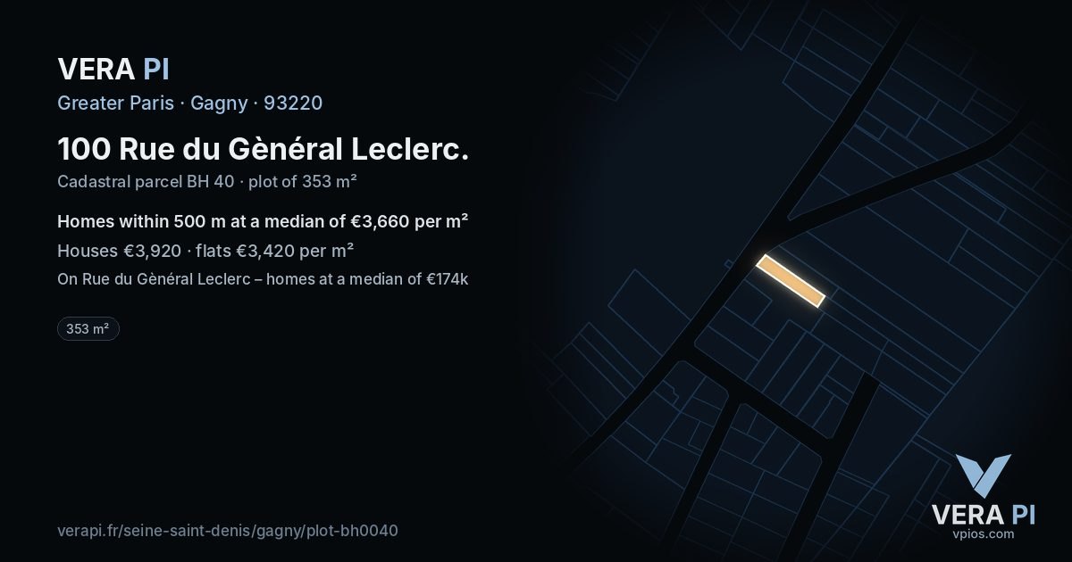 100 Rue du Gènéral Leclerc, Gagny at night – the plot lit, the parcels around coloured by the prices near them