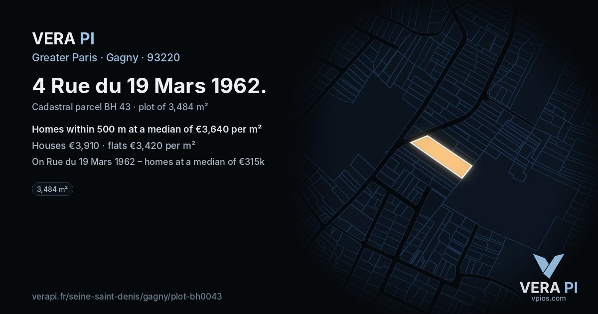 4 Rue du 19 Mars 1962, Gagny at night – the plot lit, the parcels around coloured by the prices near them
