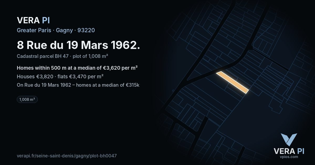 8 Rue du 19 Mars 1962, Gagny at night – the plot lit, the parcels around coloured by the prices near them