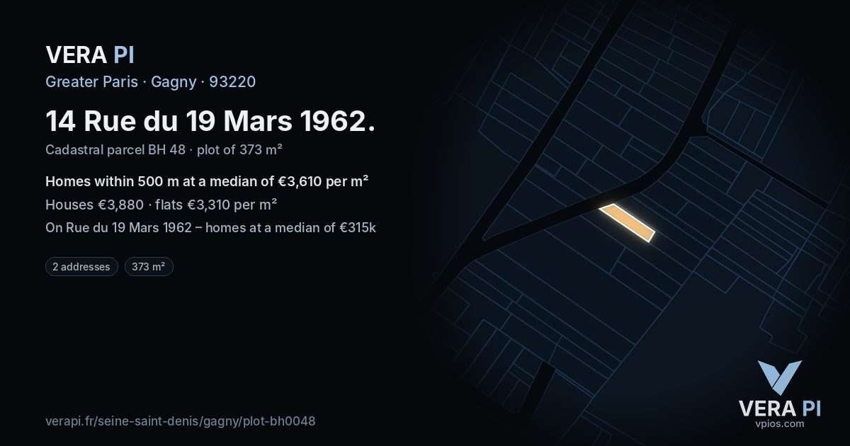14 Rue du 19 Mars 1962, Gagny at night – the plot lit, the parcels around coloured by the prices near them