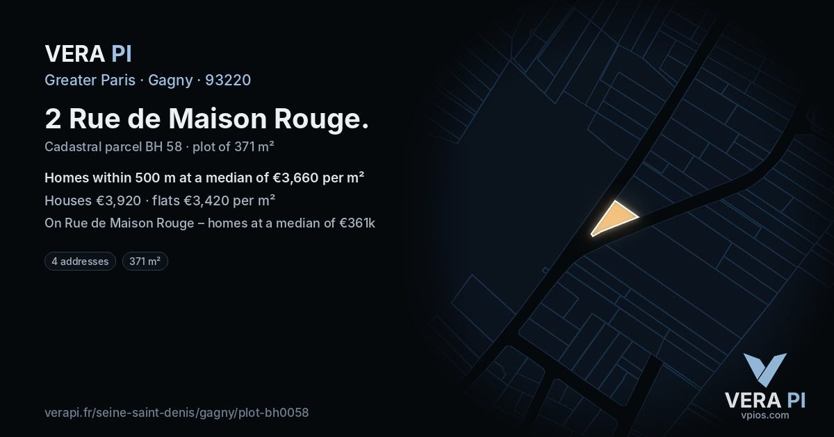 2 Rue de Maison Rouge, Gagny at night – the plot lit, the parcels around coloured by the prices near them