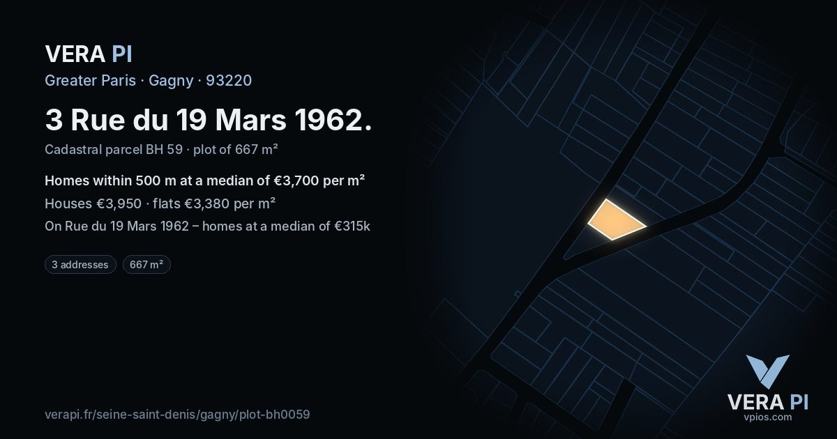 3 Rue du 19 Mars 1962, Gagny at night – the plot lit, the parcels around coloured by the prices near them